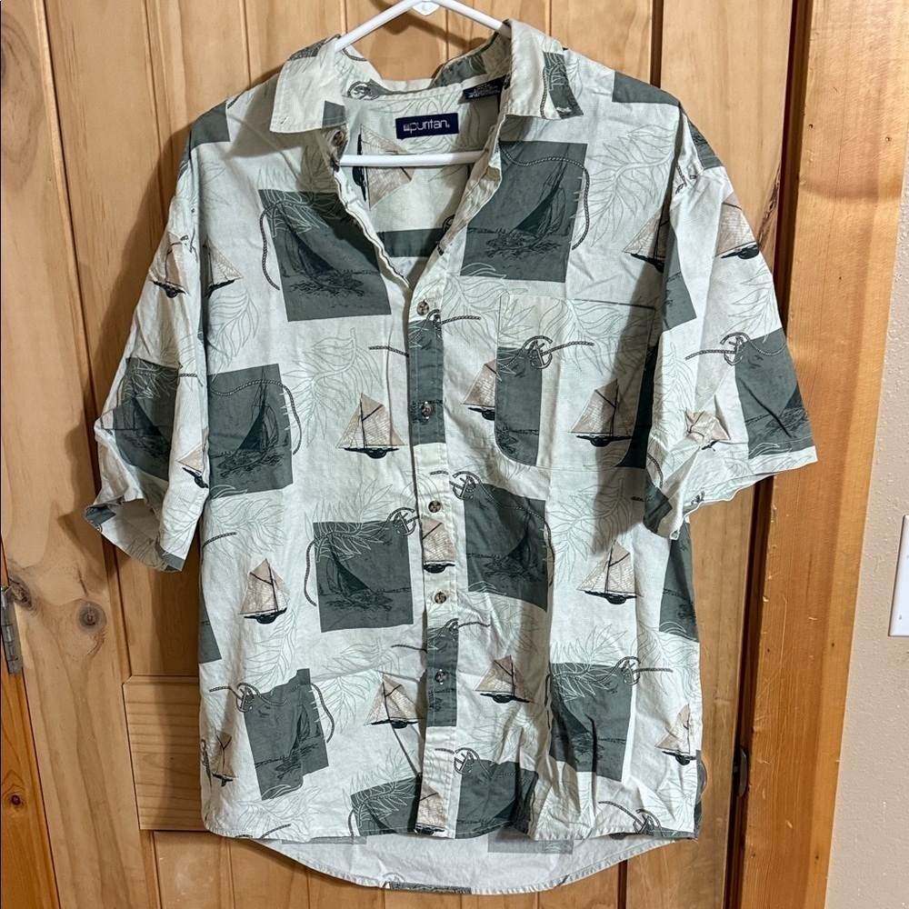 Vintage Puritan Green and Cream Nautical Print Shirt